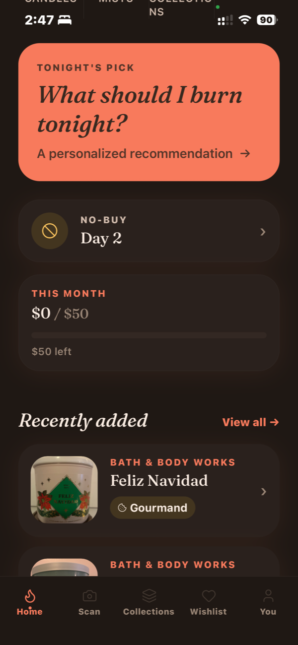 Candlestash home screen with tonight's pick and collection stats