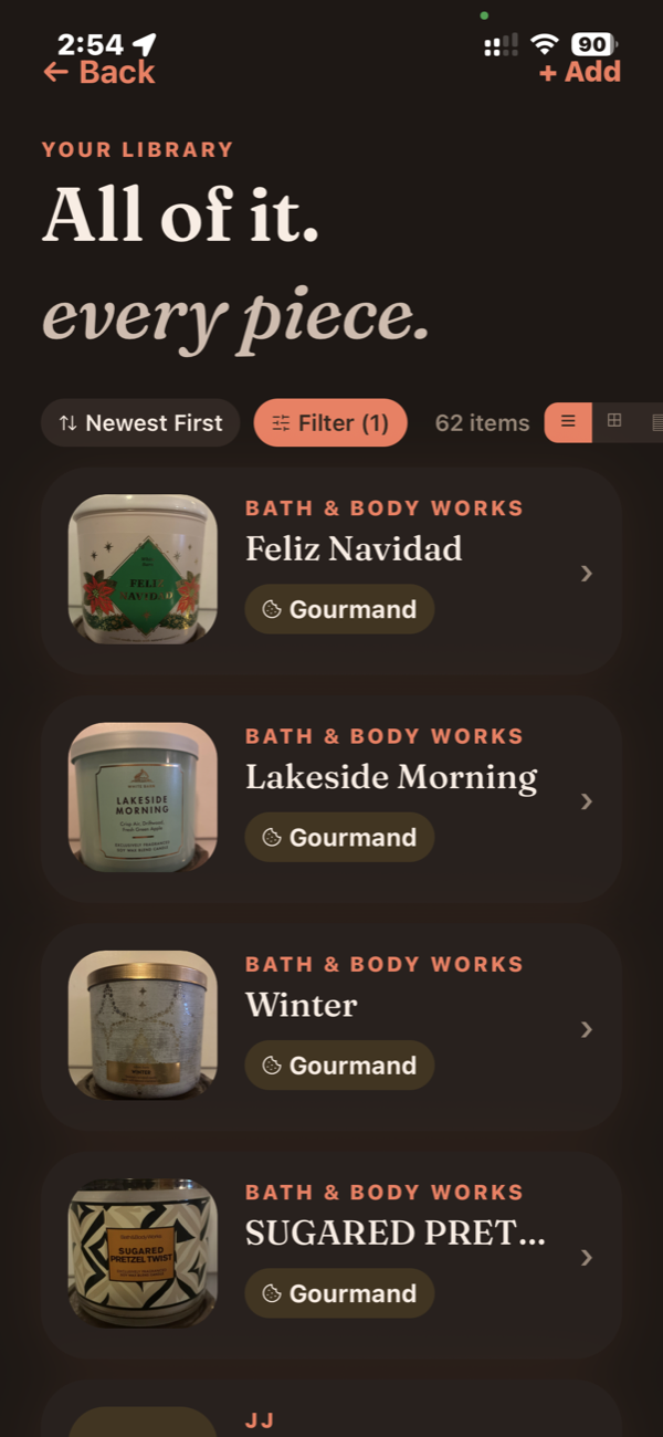 Candlestash library screen showing a full candle collection