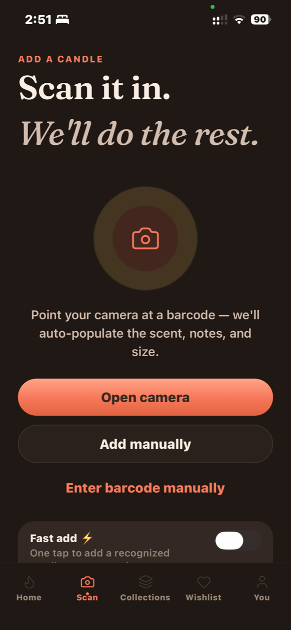 Candlestash barcode scan screen